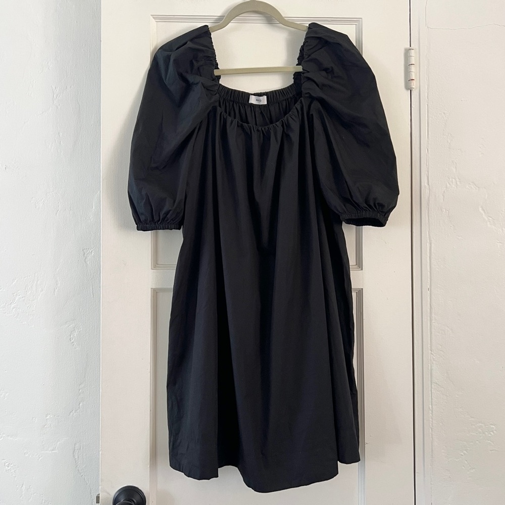 MANGO black cotton puff sleeve babydoll swing mini dress Medium 06